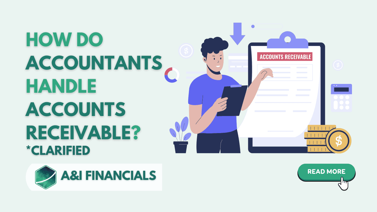 Illustration of an accountant handling accounts receivable with a clipboard and financial documents, titled 'How Do Accountants Handle Accounts Receivable? Clarified.