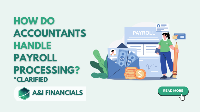 Illustration of an accountant handling payroll processing tasks with financial documents, cash, and a large pencil, accompanied by the title "How Do Accountants Handle Payroll Processing?"