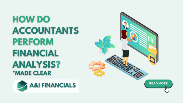 Illustration showing an accountant analyzing financial data on a large screen, accompanied by text asking 'How Do Accountants Perform Financial Analysis?