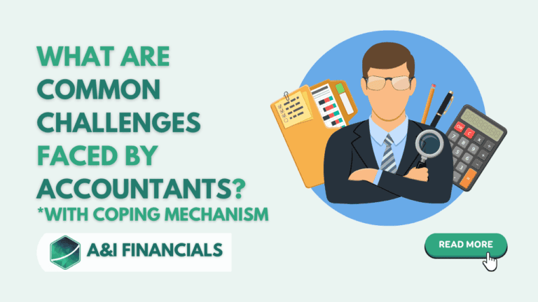 Illustration of an accountant with tools like a calculator, files, and pens, representing common challenges faced by accountants, with a focus on coping mechanisms, for A&I Financials.