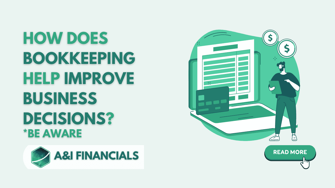 How Does Bookkeeping Help Improve Business Decisions - A&I Financials illustration of a person analyzing financial records with a laptop, financial statements, and dollar signs.