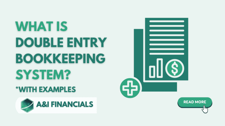 What is Double Entry Bookkeeping System explained with examples by A&I Financials, featuring a financial document with dollar and plus icons.